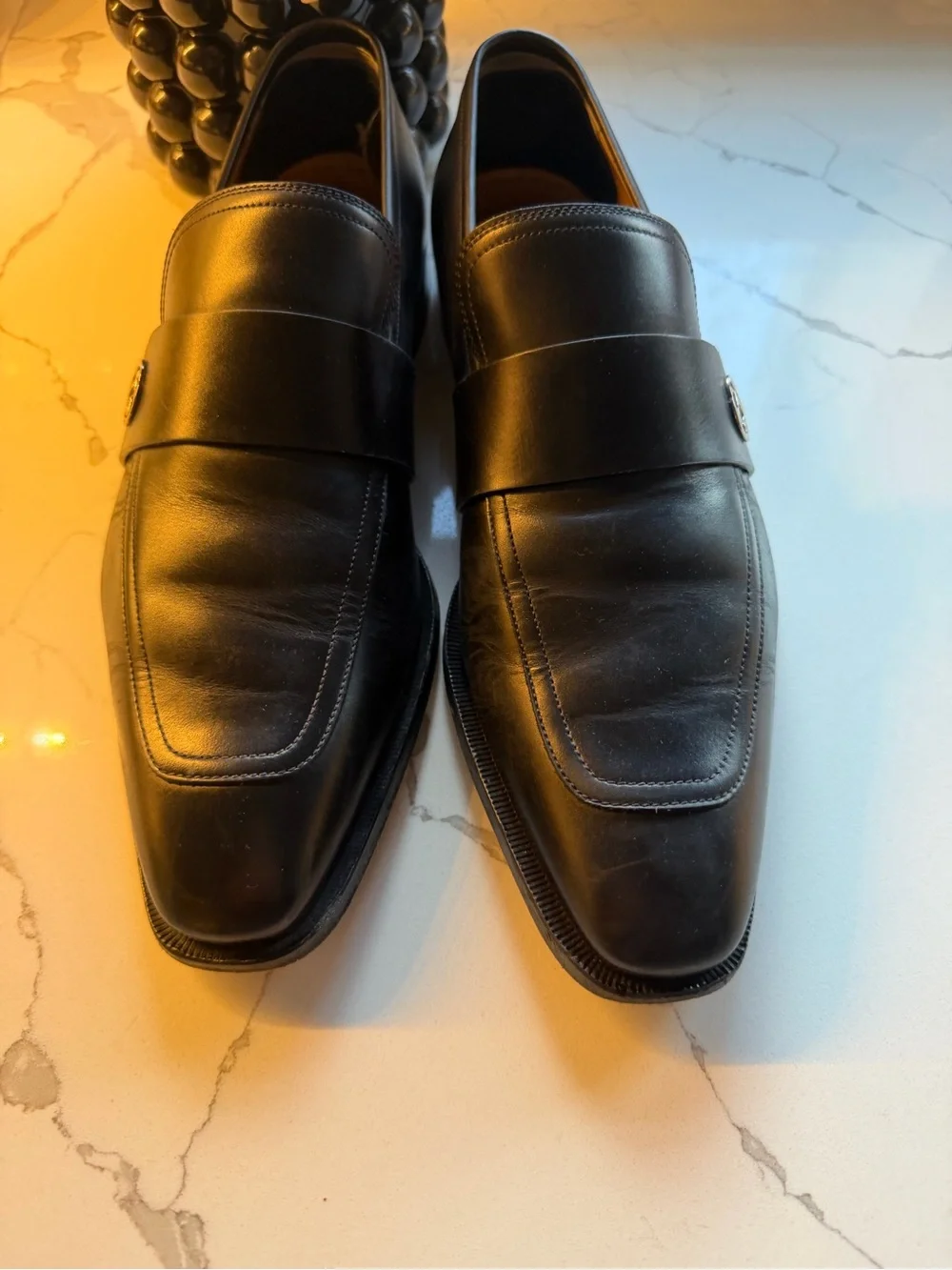 Gucci Black Leather Slip-On Loafers with Silver Interlocking G